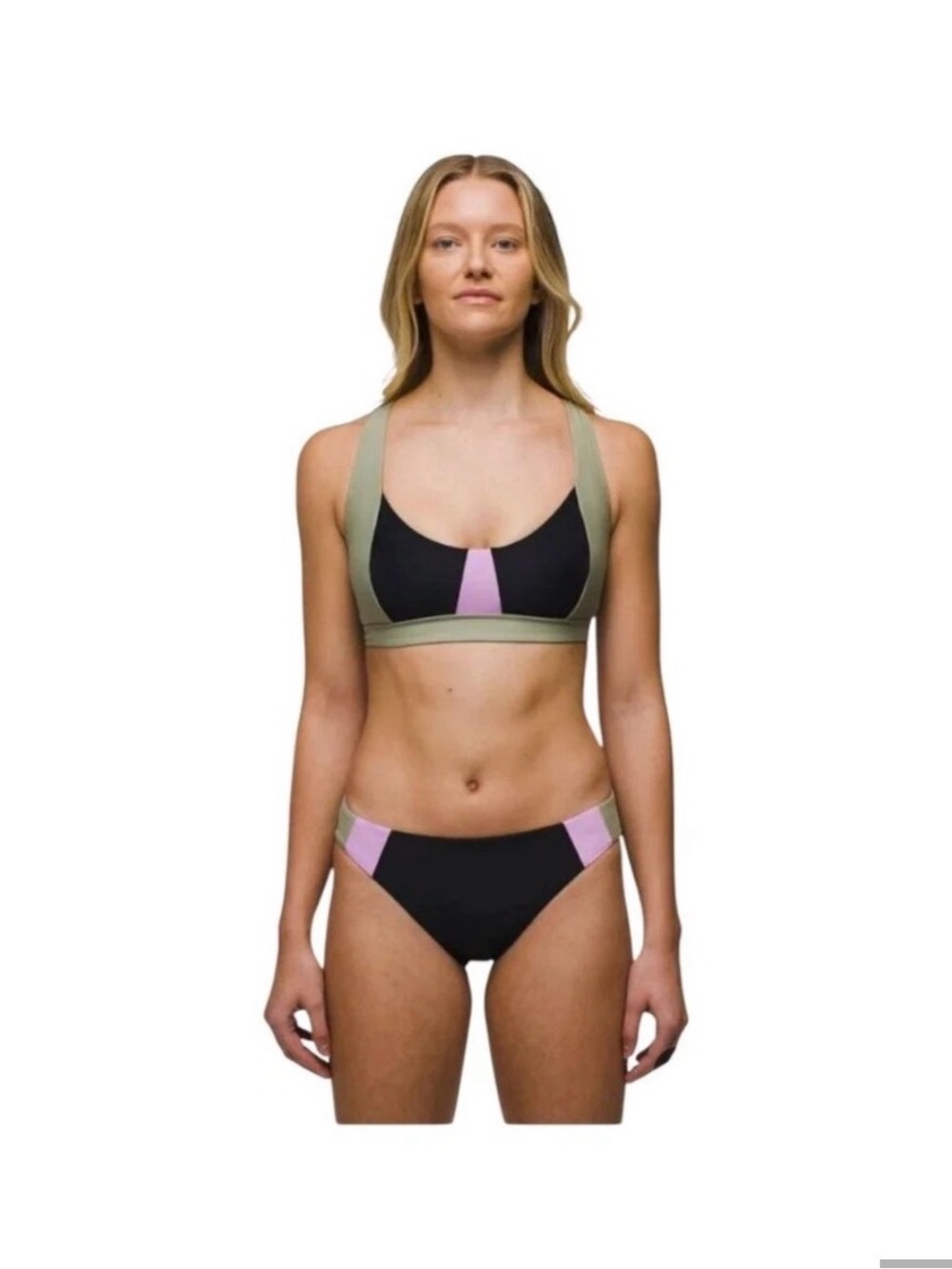 Women's Colorblock Black, Olive & Lavender 3PC Bikini Set- 1 Top w/ 2 Bottoms